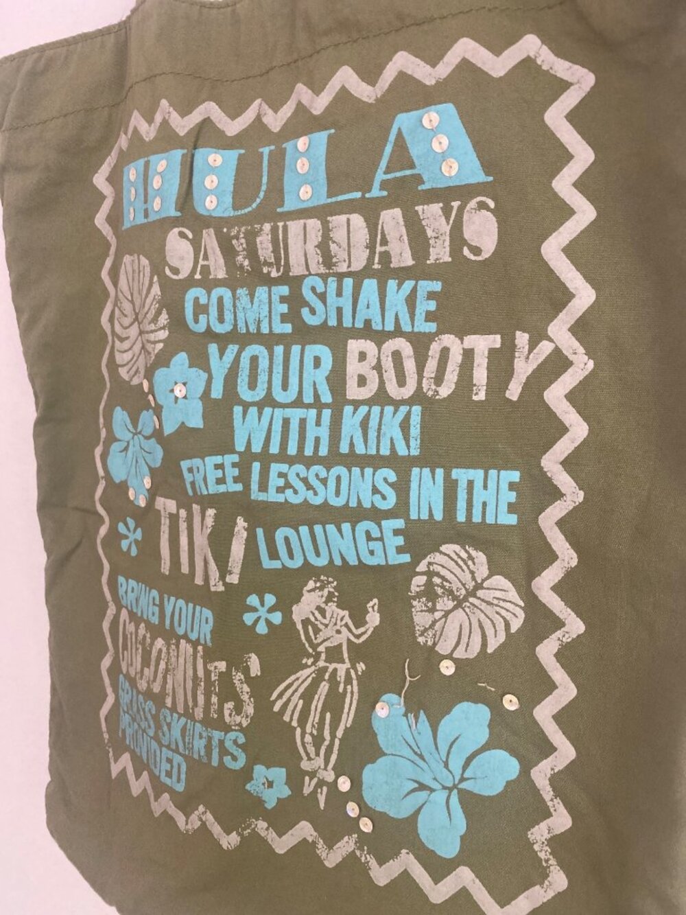 2000's Old Navy Green Cotton Tote Bag With Hula-Themed Print 12"x15" - Picture 2 of 8